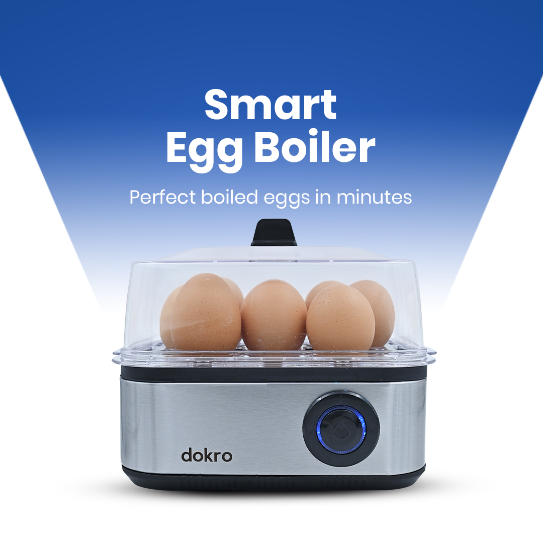 Dokro Electric 2-in-1 Egg Boiler and Poacher| Boil 8 Eggs/Poach 4 Eggs | 3 Boiling Modes (Soft, Medium, Hard) | Stainless Steel Body & Heating Plate | Automatic Shut-Off | Transparent Lid, Silver Grey