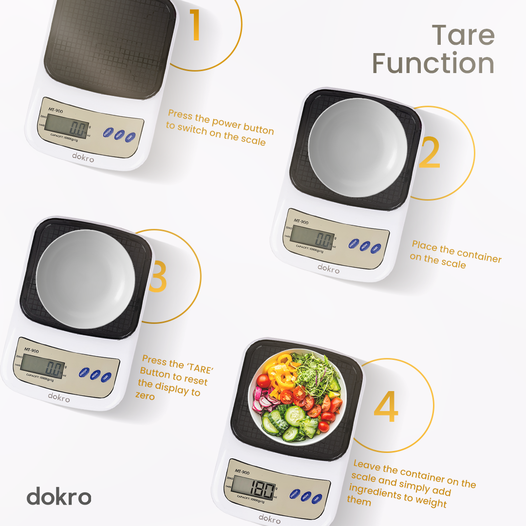 Dokro Portable Digital Weighing Scale for Kitchen | Electronic Weighing Scale With Back light LCD Display and high precision sensors | Range of 1g-10 kg (White & Black) | Includes 2 AAA batteries