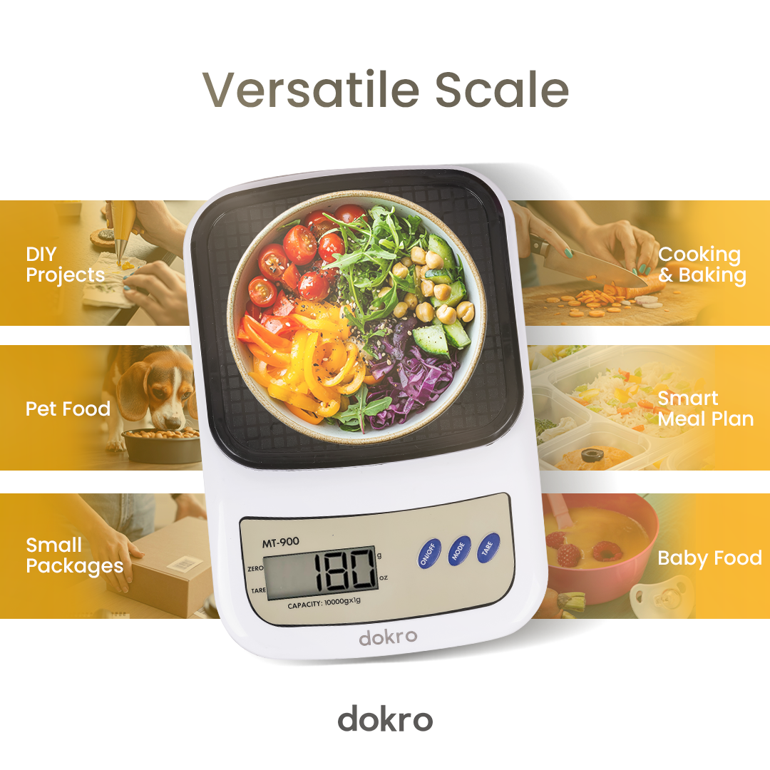 Dokro Portable Digital Weighing Scale for Kitchen | Electronic Weighing Scale With Back light LCD Display and high precision sensors | Range of 1g-10 kg (White & Black) | Includes 2 AAA batteries