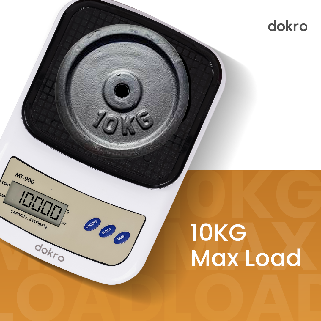 Dokro Portable Digital Weighing Scale for Kitchen | Electronic Weighing Scale With Back light LCD Display and high precision sensors | Range of 1g-10 kg (White & Black) | Includes 2 AAA batteries
