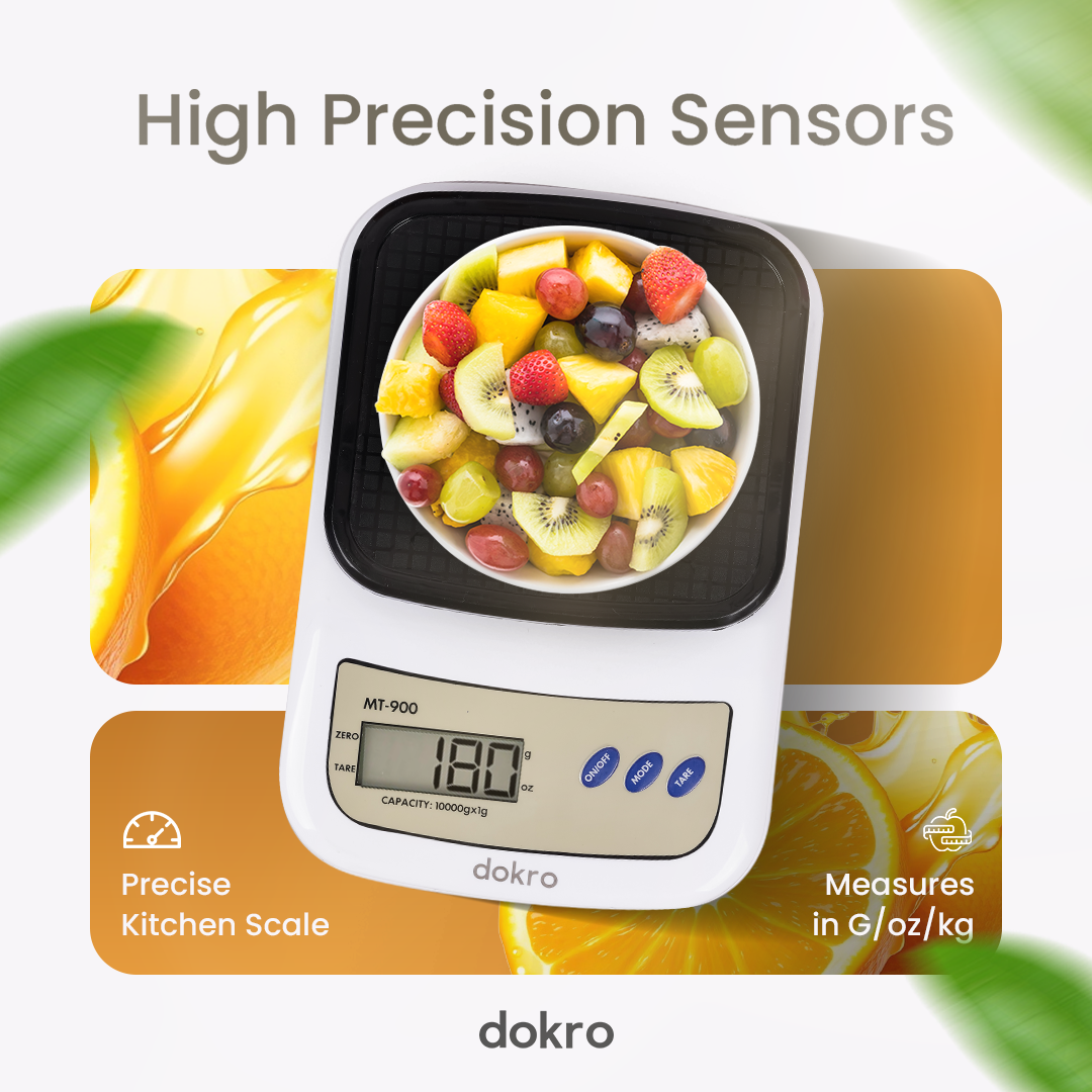 Dokro Portable Digital Weighing Scale for Kitchen | Electronic Weighing Scale With Back light LCD Display and high precision sensors | Range of 1g-10 kg (White & Black) | Includes 2 AAA batteries