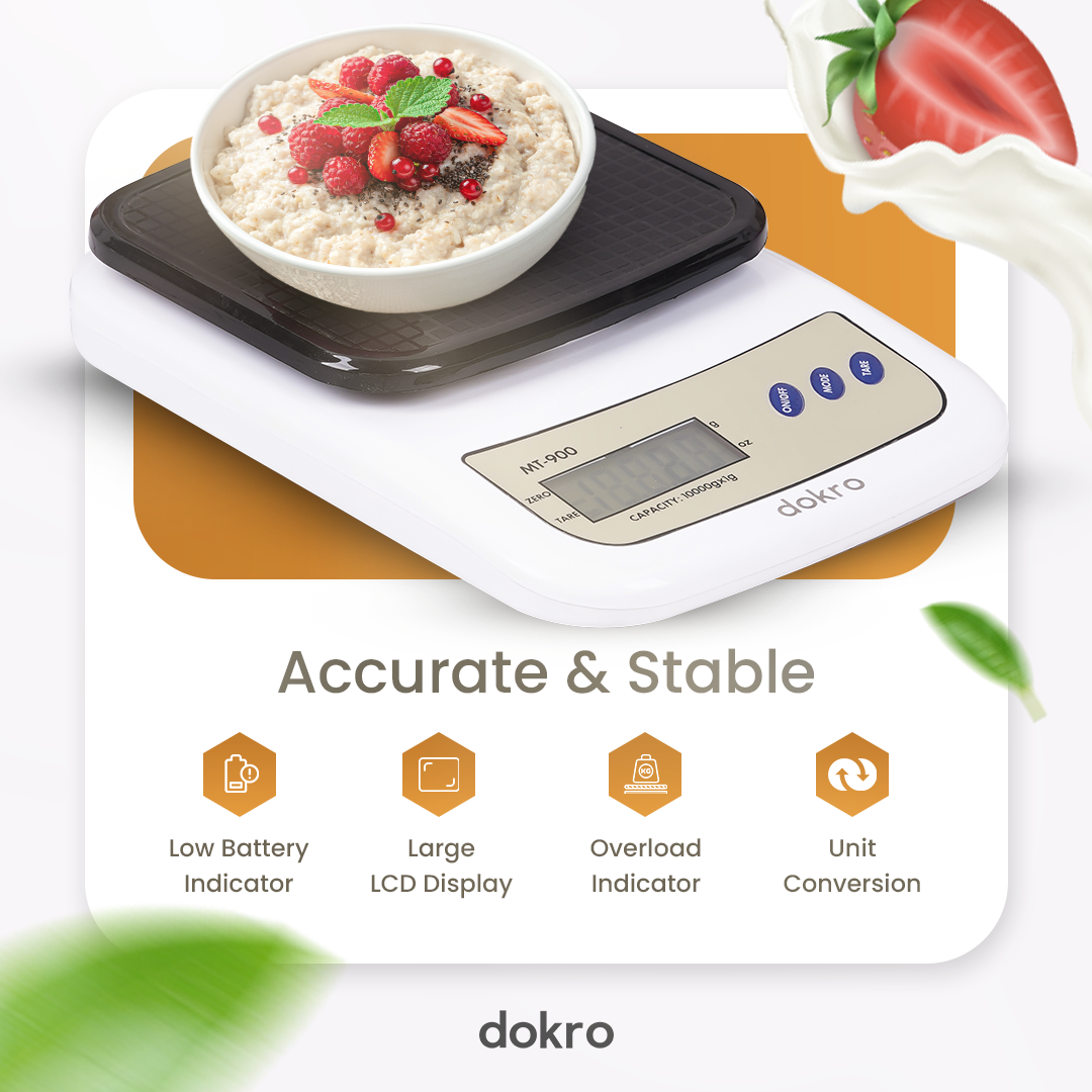 Dokro Portable Digital Weighing Scale for Kitchen | Electronic Weighing Scale With Back light LCD Display and high precision sensors | Range of 1g-10 kg (White & Black) | Includes 2 AAA batteries