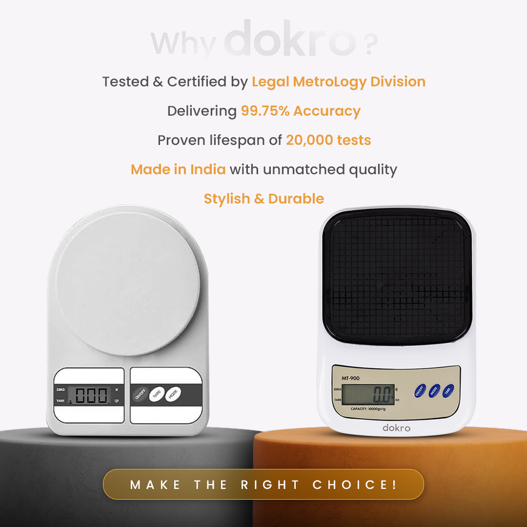 Dokro Portable Digital Weighing Scale for Kitchen | Electronic Weighing Scale With Back light LCD Display and high precision sensors | Range of 1g-10 kg (White & Black) | Includes 2 AAA batteries
