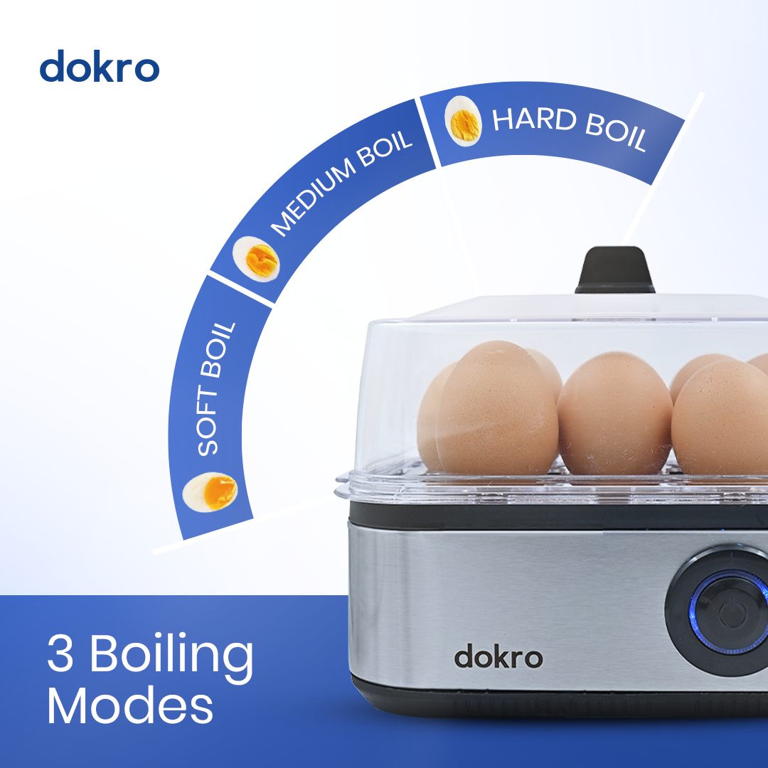 Dokro Electric 2-in-1 Egg Boiler and Poacher| Boil 8 Eggs/Poach 4 Eggs | 3 Boiling Modes (Soft, Medium, Hard) | Stainless Steel Body & Heating Plate | Automatic Shut-Off | Transparent Lid, Silver Grey