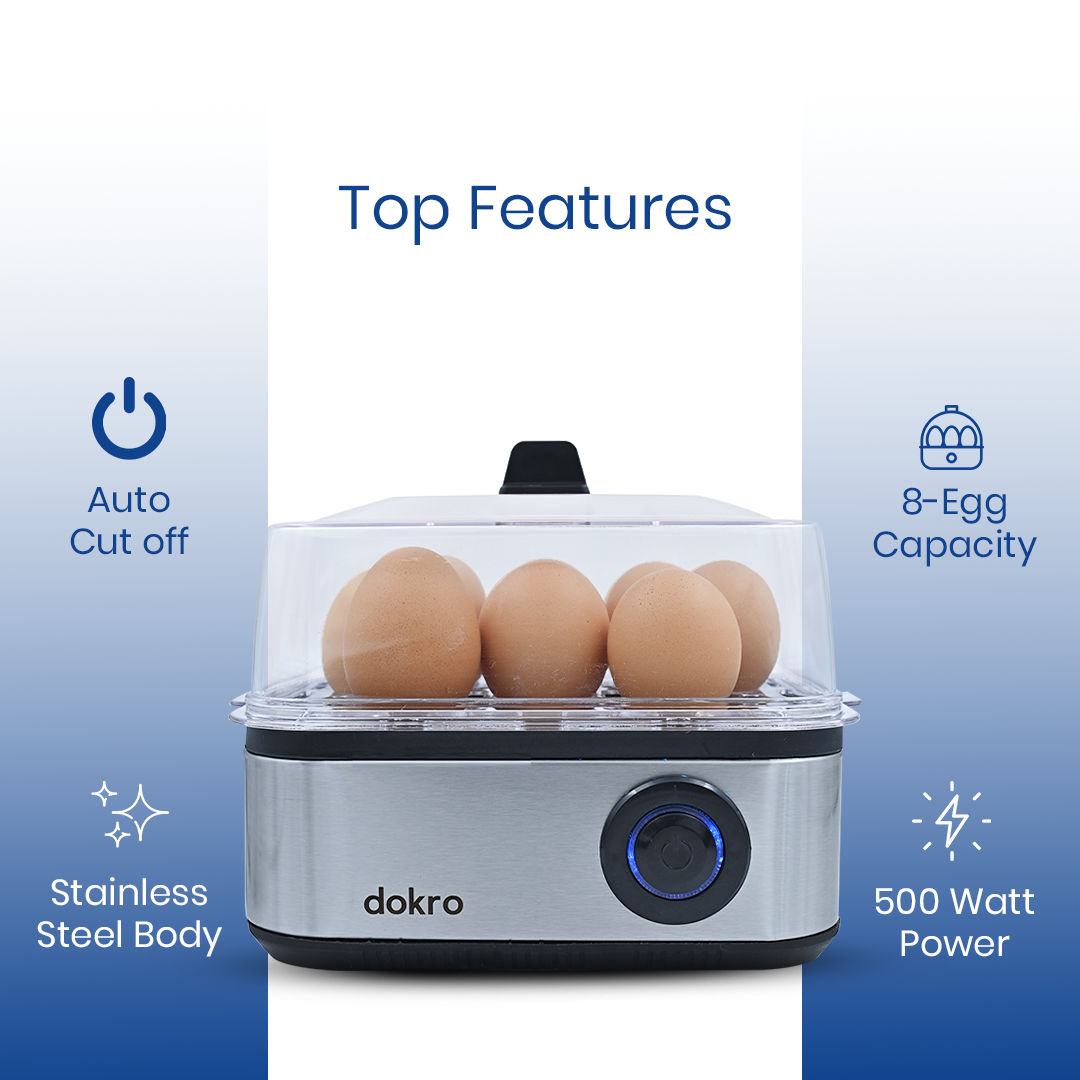 Dokro Electric 2-in-1 Egg Boiler and Poacher| Boil 8 Eggs/Poach 4 Eggs | 3 Boiling Modes (Soft, Medium, Hard) | Stainless Steel Body & Heating Plate | Automatic Shut-Off | Transparent Lid, Silver Grey