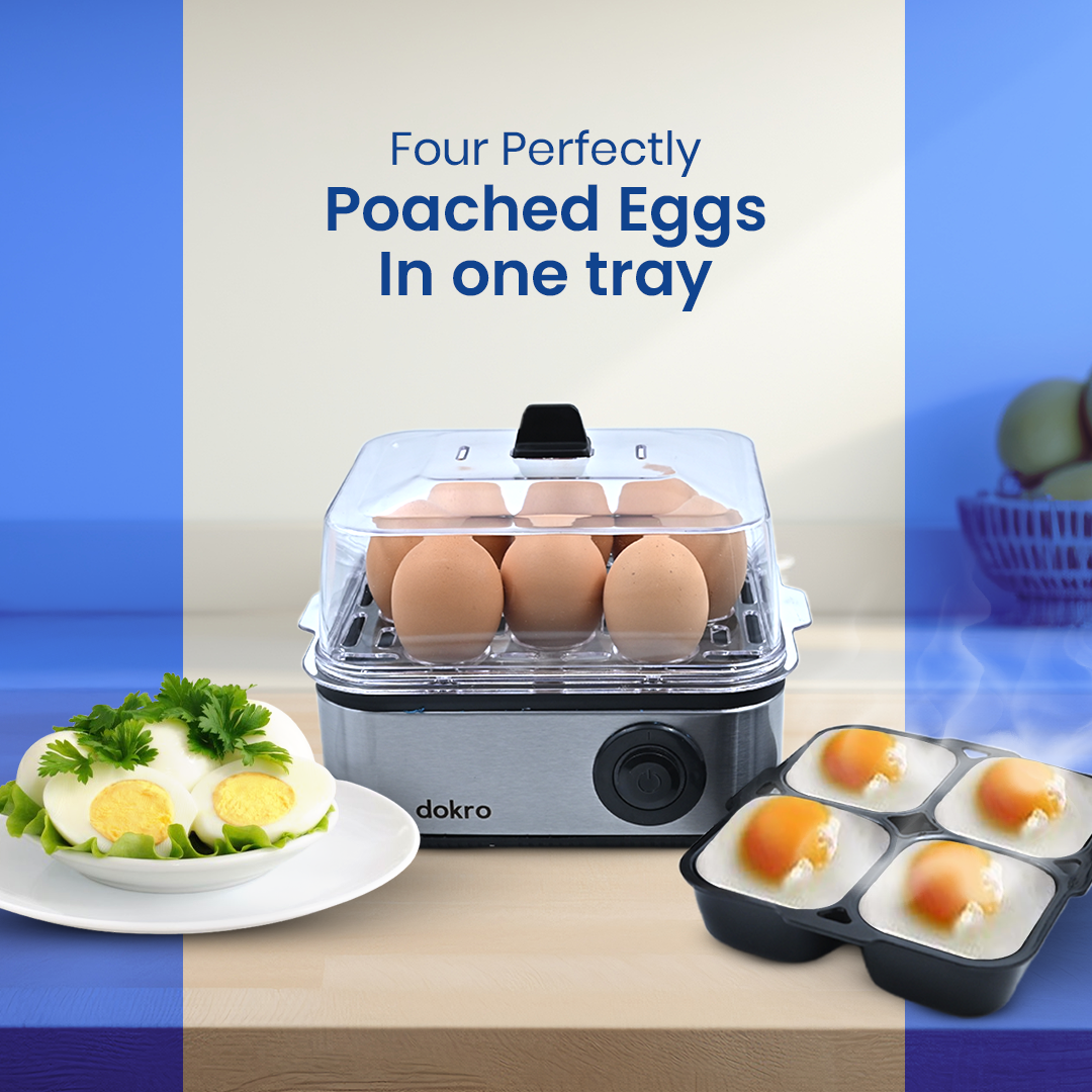 Dokro Electric 2-in-1 Egg Boiler and Poacher| Boil 8 Eggs/Poach 4 Eggs | 3 Boiling Modes (Soft, Medium, Hard) | Stainless Steel Body & Heating Plate | Automatic Shut-Off | Transparent Lid, Silver Grey
