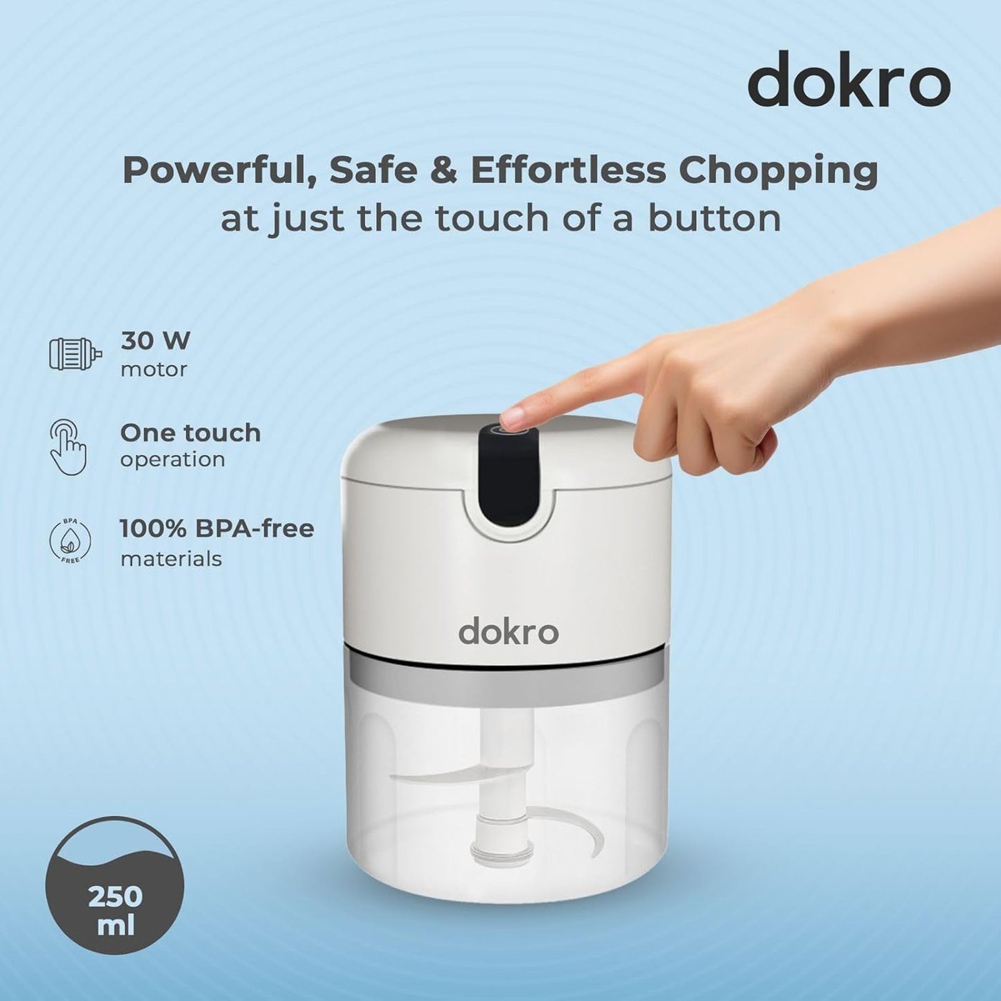 Dokro Rechargeable Mini Electric Chopper, 250 ml Bowl, Stainless Steel Blades, One-Touch Operation, for Garlic, Vegetables, Meat