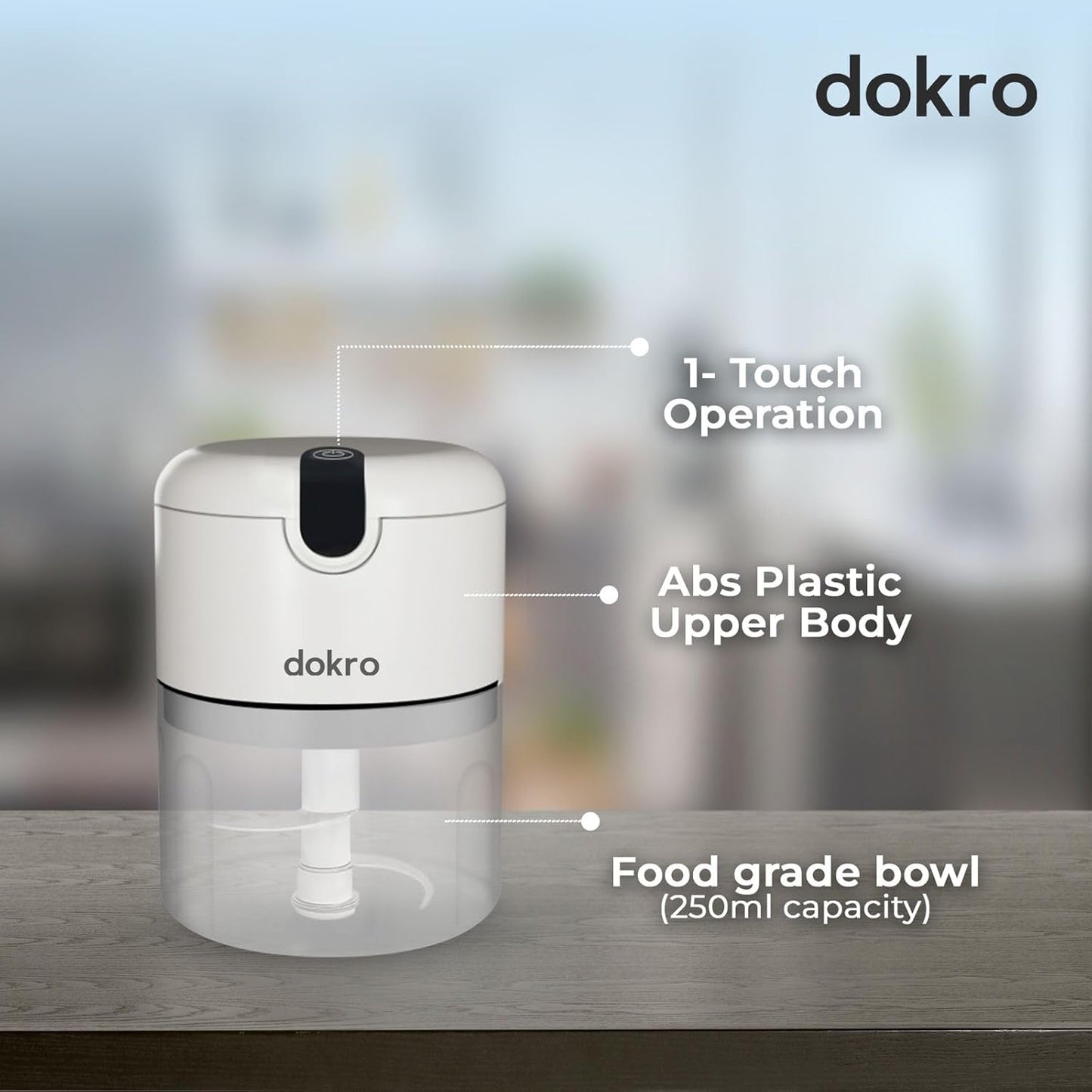Dokro Rechargeable Mini Electric Chopper, 250 ml Bowl, Stainless Steel Blades, One-Touch Operation, for Garlic, Vegetables, Meat