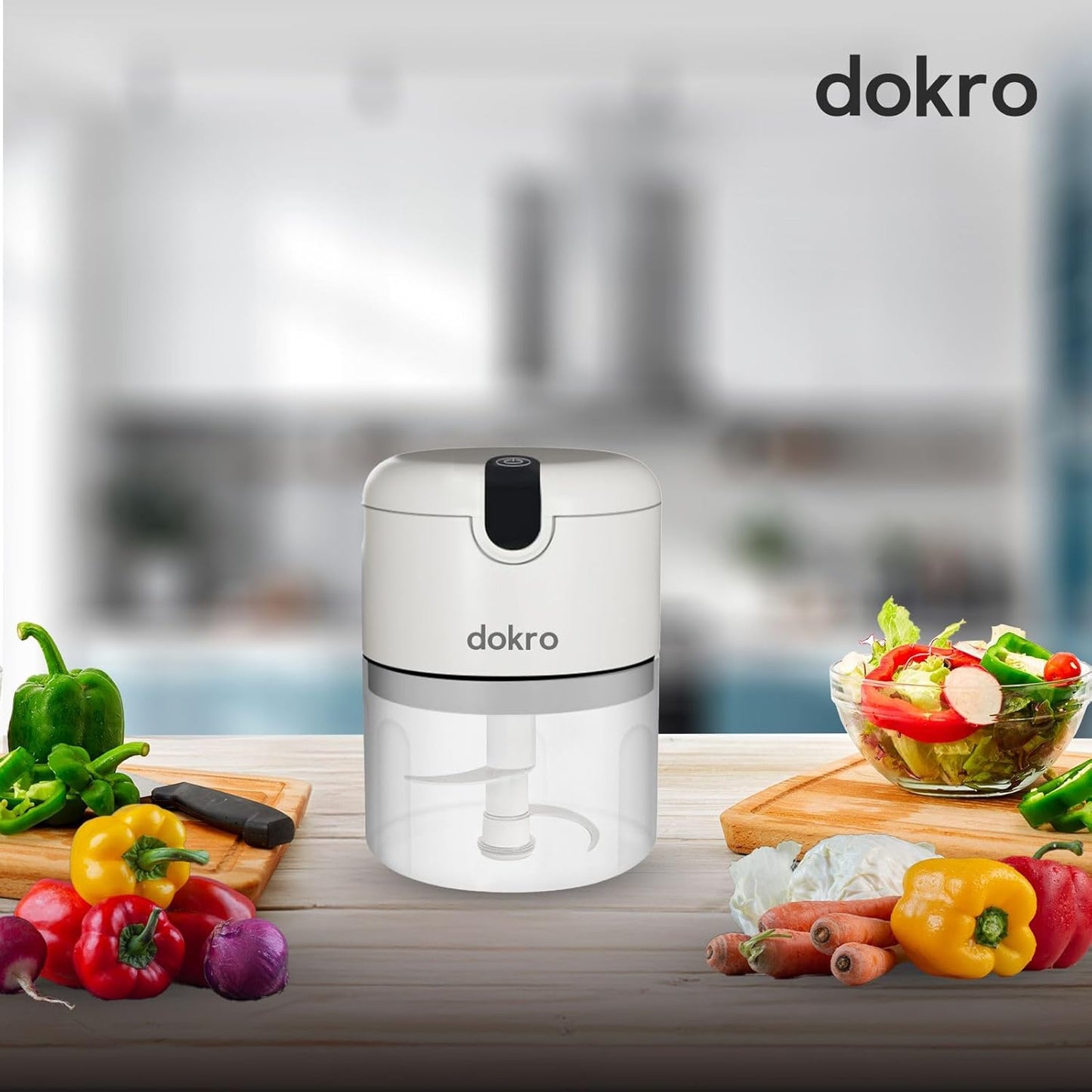 Dokro Rechargeable Mini Electric Chopper, 250 ml Bowl, Stainless Steel Blades, One-Touch Operation, for Garlic, Vegetables, Meat
