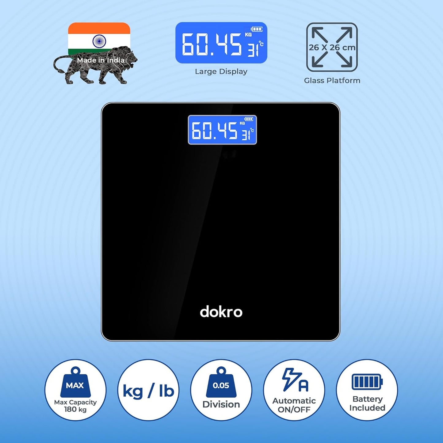 dokro Weight Machine for Home Digital Weighing Machine for Human Body with LCD Display Max Weight Capacity 180Kgs (Batteries Included) Bathroom Scale for Home | Black