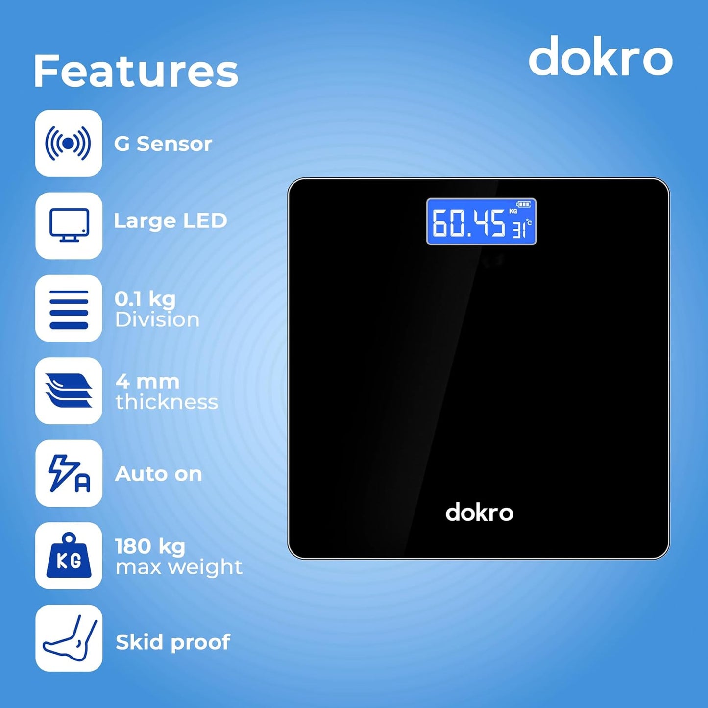dokro Weight Machine for Home Digital Weighing Machine for Human Body with LCD Display Max Weight Capacity 180Kgs (Batteries Included) Bathroom Scale for Home | Black