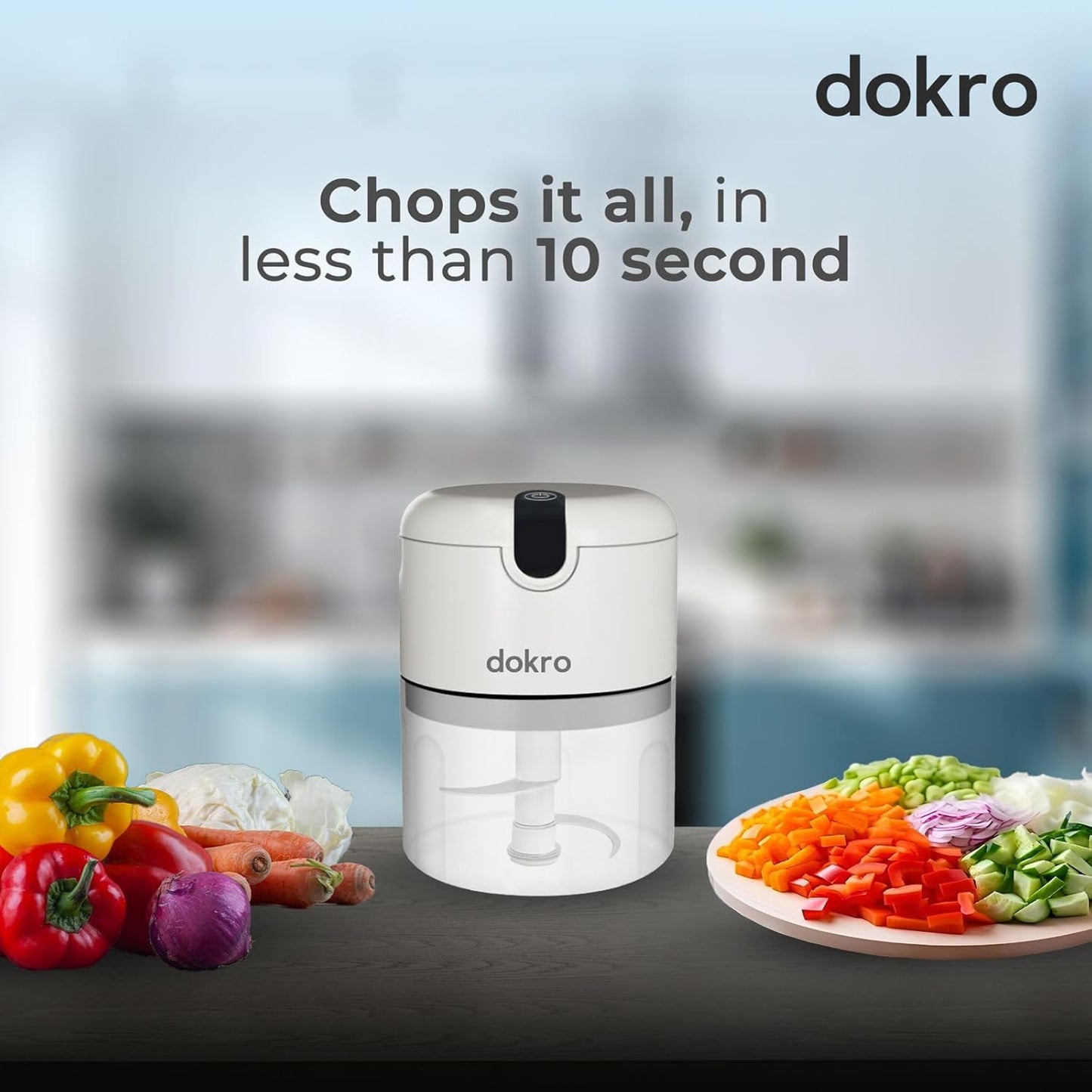 Dokro Rechargeable Mini Electric Chopper, 250 ml Bowl, Stainless Steel Blades, One-Touch Operation, for Garlic, Vegetables, Meat