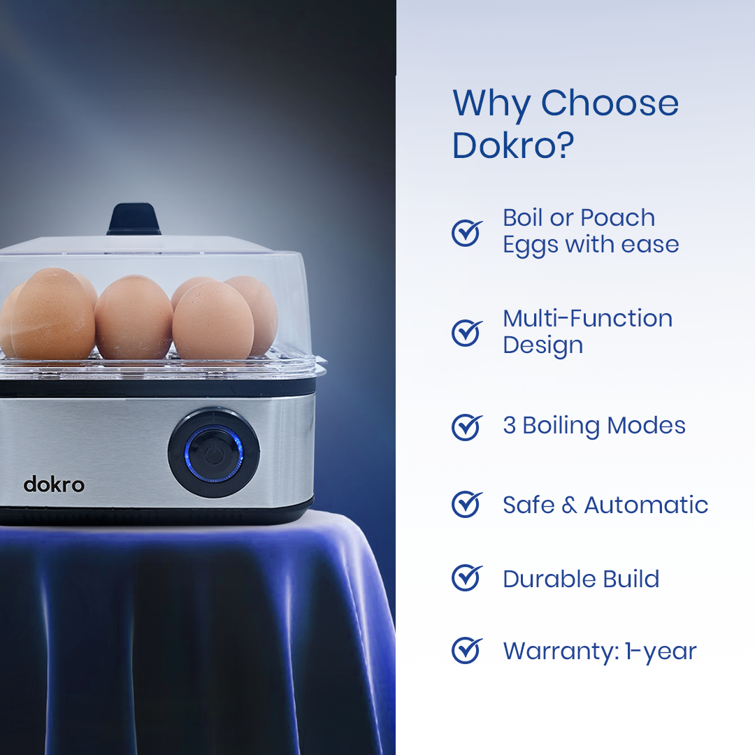 Dokro Electric 2-in-1 Egg Boiler and Poacher| Boil 8 Eggs/Poach 4 Eggs | 3 Boiling Modes (Soft, Medium, Hard) | Stainless Steel Body & Heating Plate | Automatic Shut-Off | Transparent Lid, Silver Grey