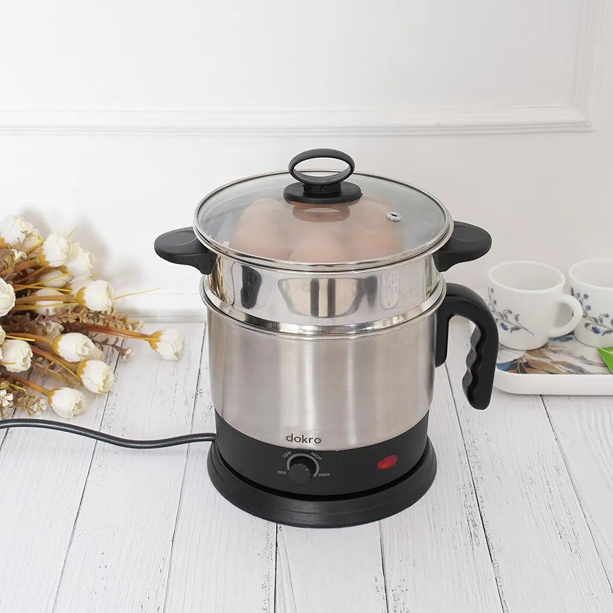 Dokro Electric MultiKettle with steamer | Fast heating with 600W Power | Multipurpose kettle | Automatic shut-off | 360° Swivel Base | LED Indicator