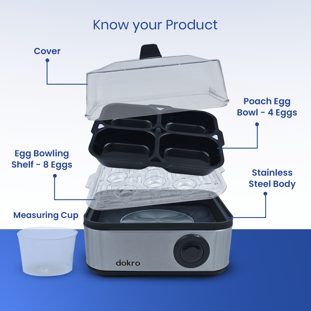 Dokro Electric 2-in-1 Egg Boiler and Poacher| Boil 8 Eggs/Poach 4 Eggs | 3 Boiling Modes (Soft, Medium, Hard) | Stainless Steel Body & Heating Plate | Automatic Shut-Off | Transparent Lid, Silver Grey