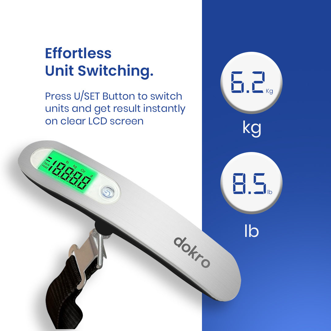 Dokro Digital Weighing Scale for Luggage, Portable Luggage Weighing Scale with Capacity upto 50 kg | Luggage Scale for Home, Travel, Flights, Bags and Baggage | Steel Body (Silver)