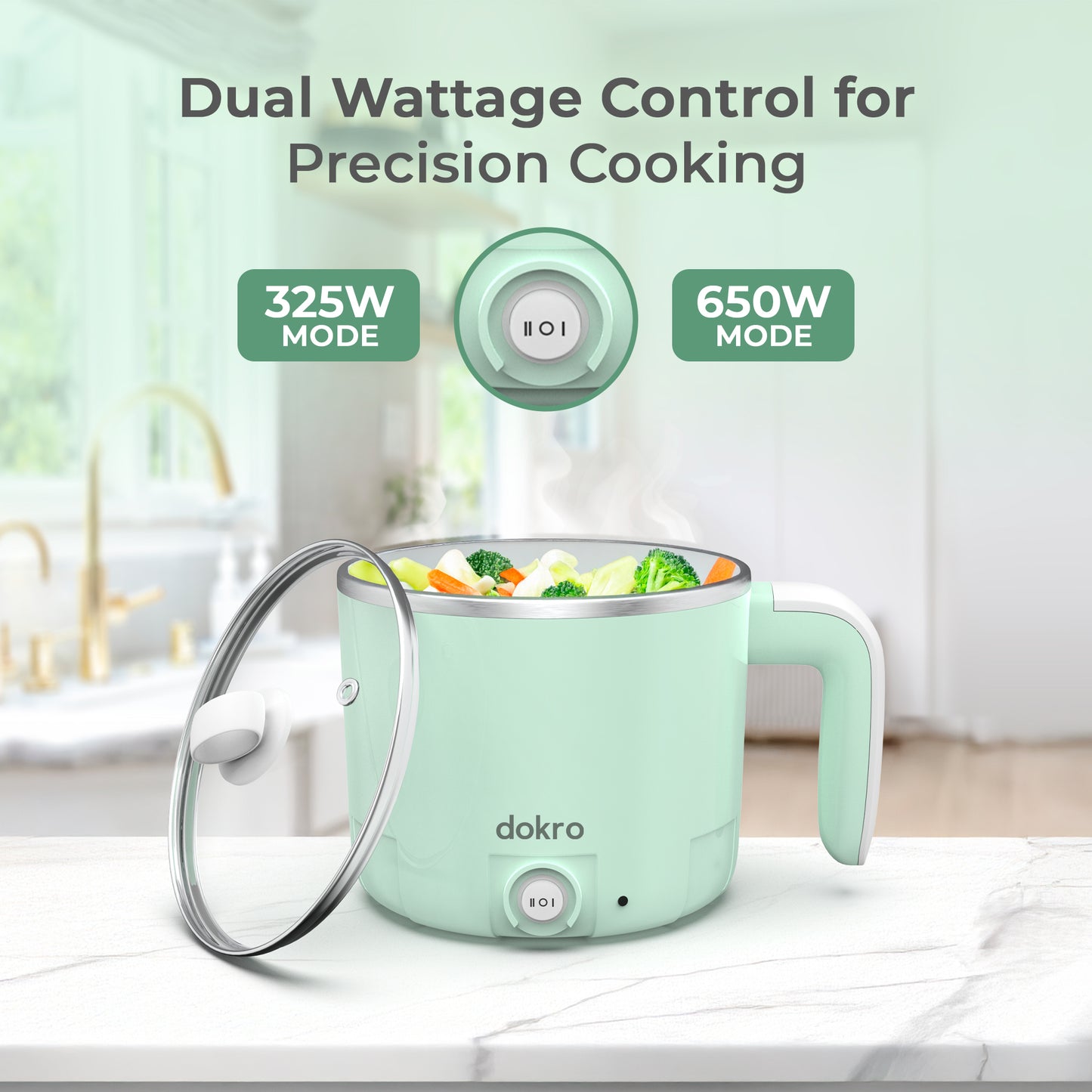 Dokro Multi-Cook Electric Kettle (1.2Liters) | Dual Power Modes 325W & 650W | Includes 7-Egg Tray & Steamer Bowl | SUS 304 Steel Body | Auto Overheat Cut-Off | Ideal for Boiling, Steaming & Quick Meals