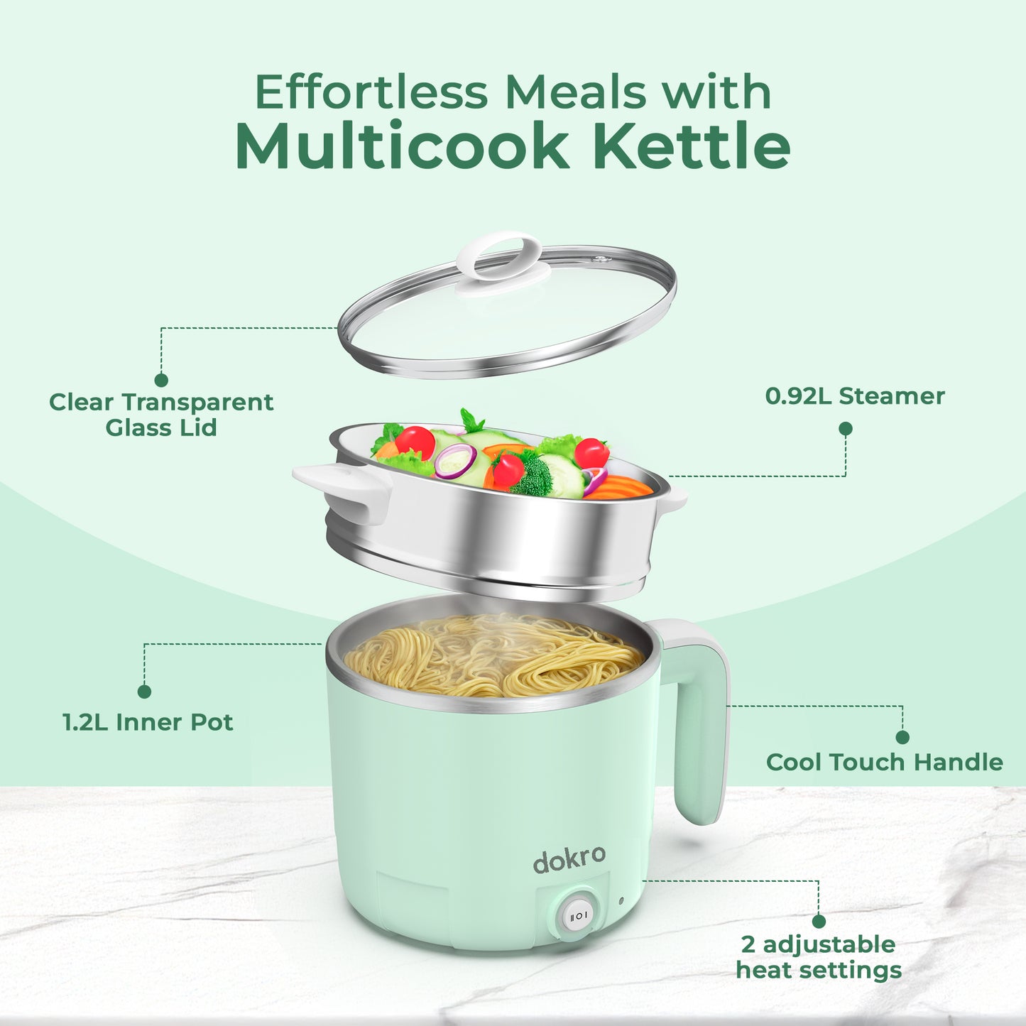 Dokro Multi-Cook Electric Kettle (1.2Liters) | Dual Power Modes 325W & 650W | Includes 7-Egg Tray & Steamer Bowl | SUS 304 Steel Body | Auto Overheat Cut-Off | Ideal for Boiling, Steaming & Quick Meals