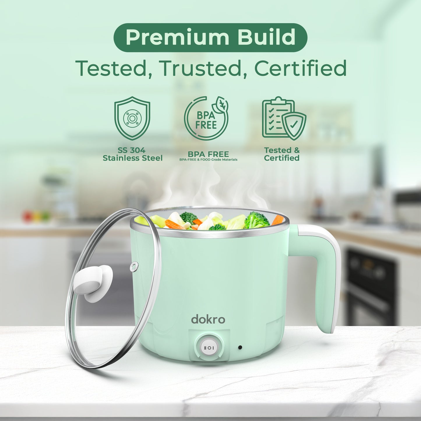 Dokro Multi-Cook Electric Kettle (1.2Liters) | Dual Power Modes 325W & 650W | Includes 7-Egg Tray & Steamer Bowl | SUS 304 Steel Body | Auto Overheat Cut-Off | Ideal for Boiling, Steaming & Quick Meals