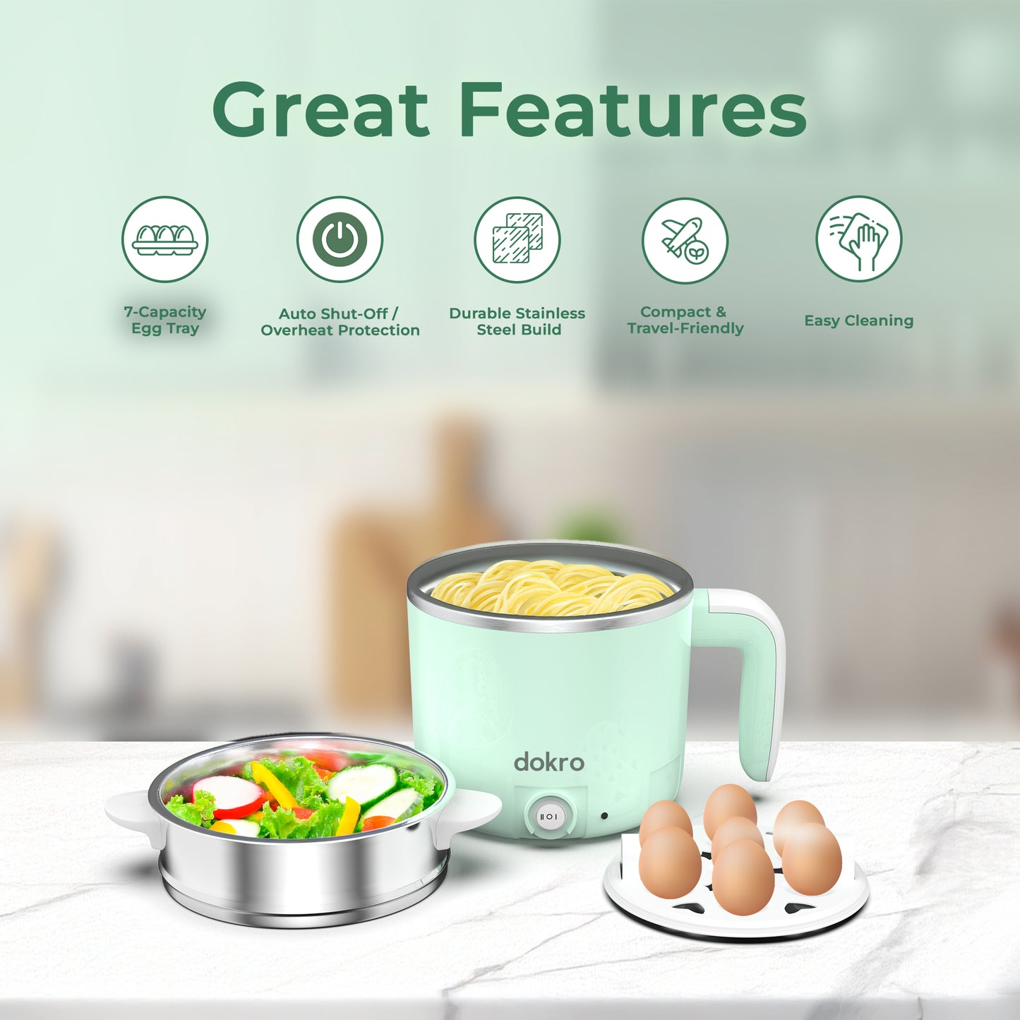 Dokro Multi-Cook Electric Kettle (1.2Liters) | Dual Power Modes 325W & 650W | Includes 7-Egg Tray & Steamer Bowl | SUS 304 Steel Body | Auto Overheat Cut-Off | Ideal for Boiling, Steaming & Quick Meals