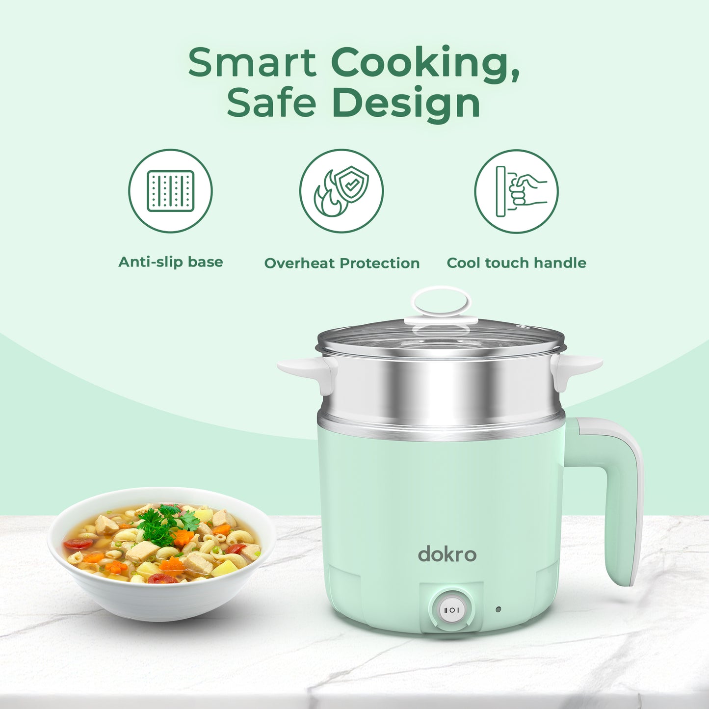 Dokro Multi-Cook Electric Kettle (1.2Liters) | Dual Power Modes 325W & 650W | Includes 7-Egg Tray & Steamer Bowl | SUS 304 Steel Body | Auto Overheat Cut-Off | Ideal for Boiling, Steaming & Quick Meals