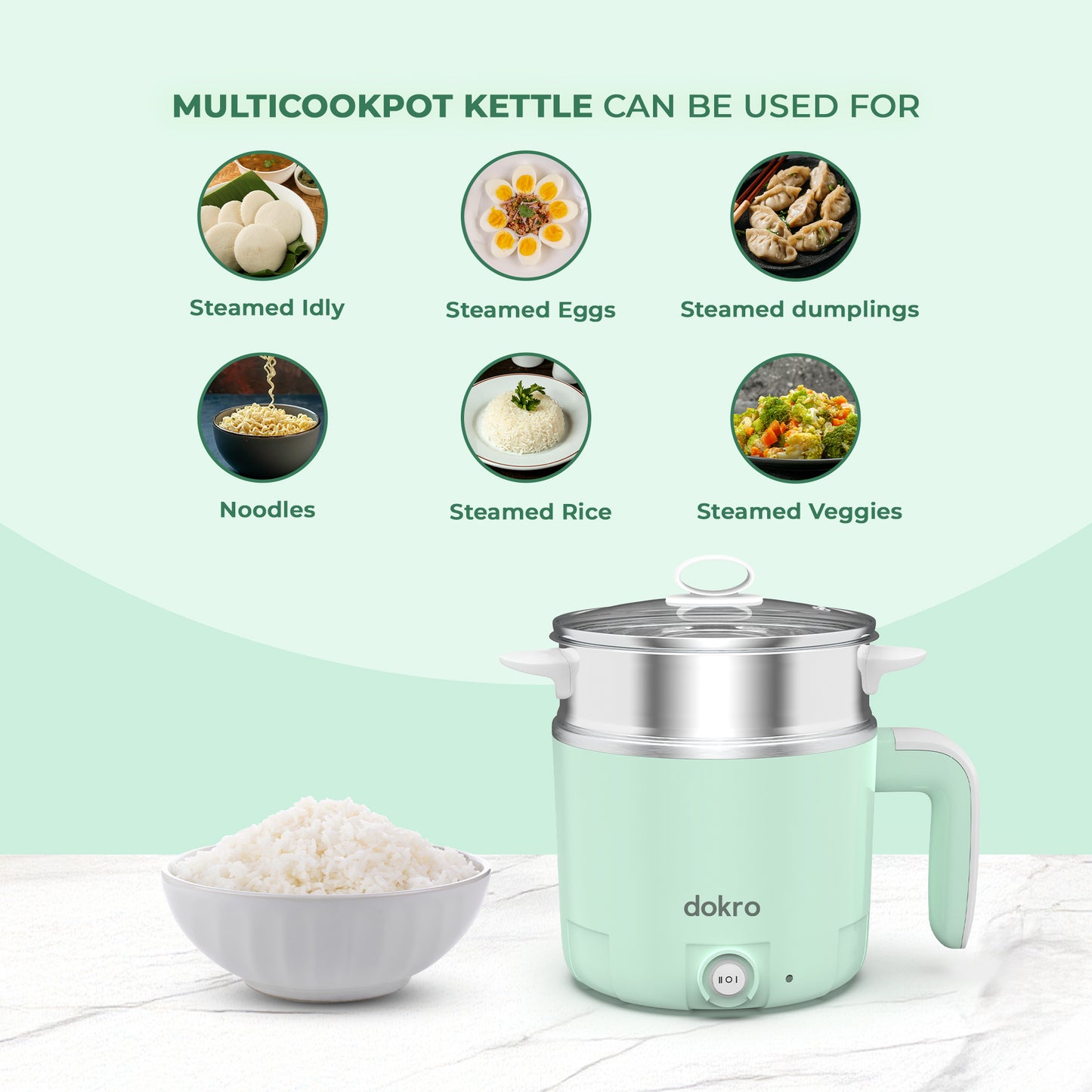 Dokro Multi-Cook Electric Kettle (1.2Liters) | Dual Power Modes 325W & 650W | Includes 7-Egg Tray & Steamer Bowl | SUS 304 Steel Body | Auto Overheat Cut-Off | Ideal for Boiling, Steaming & Quick Meals