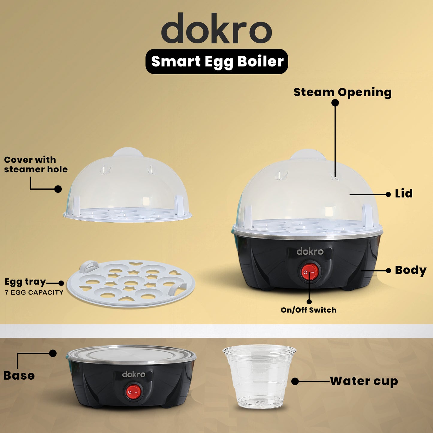 Dokro Electric Egg Boiler | 3 Boiling Modes (Soft, Medium, Hard) | Automatic Operation | Overheat Protection| 75ml | Plastic| Black | Includes measuring cup