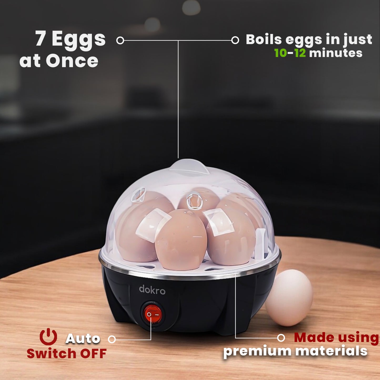 Dokro Electric Egg Boiler | 3 Boiling Modes (Soft, Medium, Hard) | Automatic Operation | Overheat Protection| 75ml | Plastic| Black | Includes measuring cup