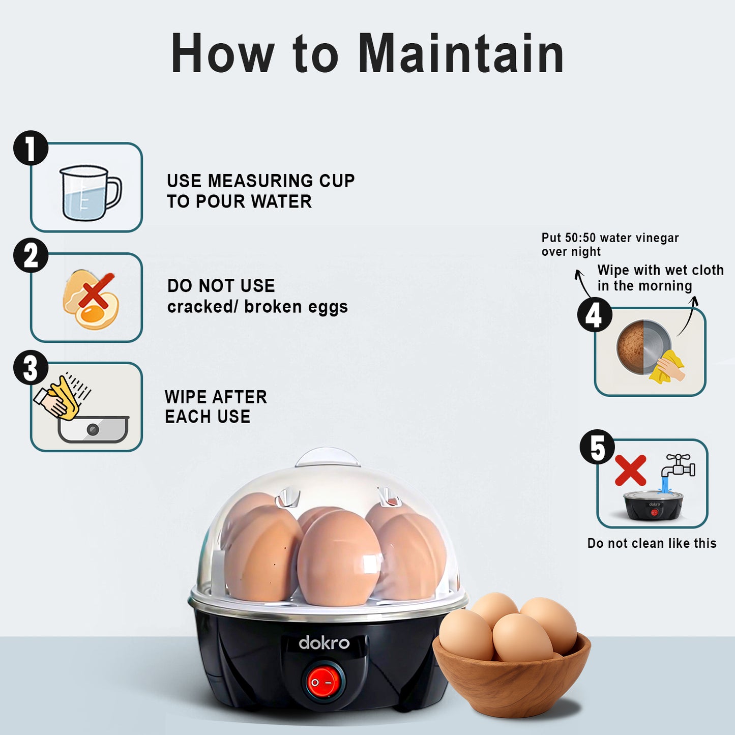 Dokro Electric Egg Boiler | 3 Boiling Modes (Soft, Medium, Hard) | Automatic Operation | Overheat Protection| 75ml | Plastic| Black | Includes measuring cup