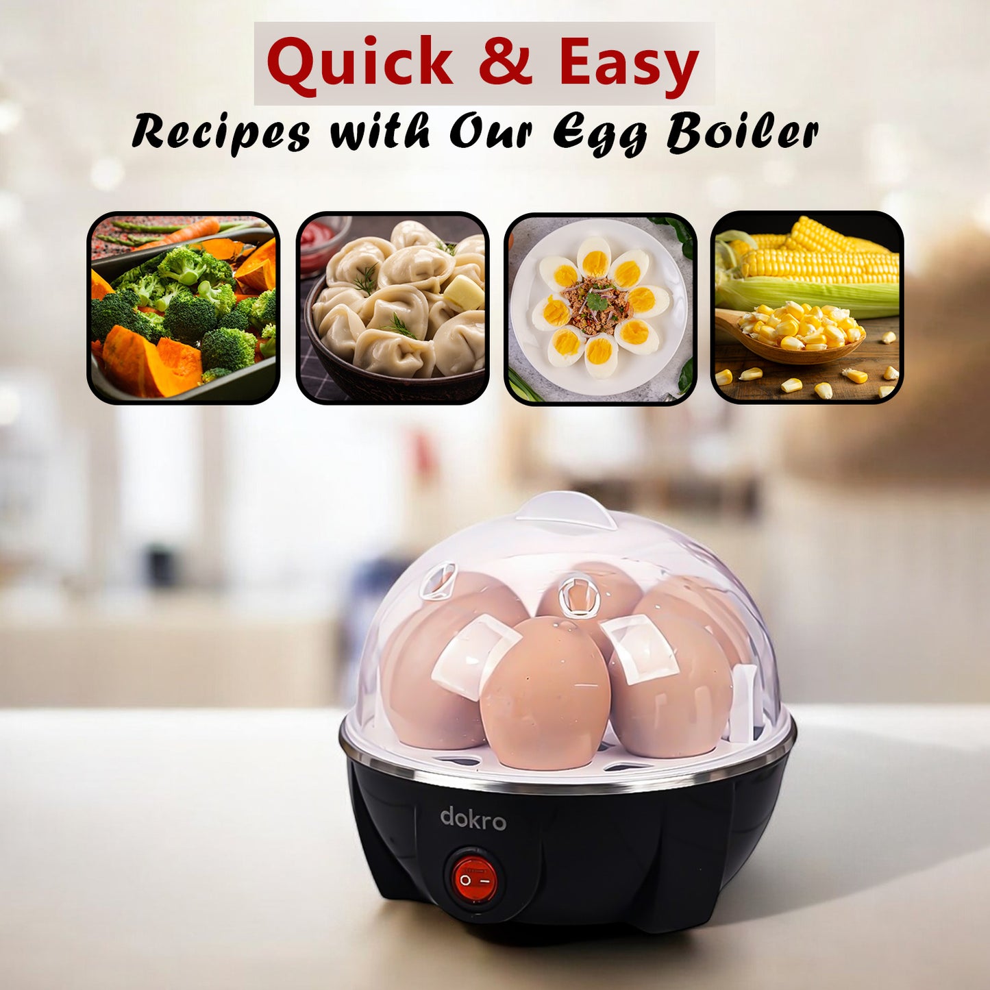 Dokro Electric Egg Boiler | 3 Boiling Modes (Soft, Medium, Hard) | Automatic Operation | Overheat Protection| 75ml | Plastic| Black | Includes measuring cup