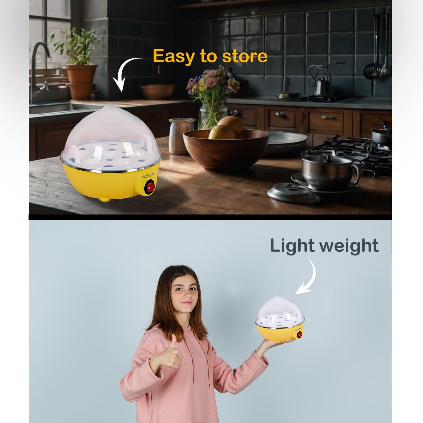 dokro Electric Egg Boiler | 3 Boiling Modes (Soft, Medium, Hard) | Automatic Operation | Overheat Protection|75ml|Plastic|Yellow | Includes measuring cup