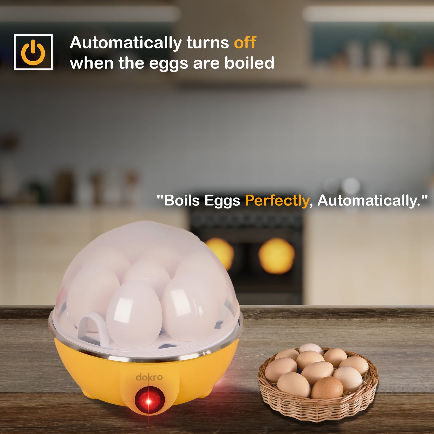 dokro Electric Egg Boiler | 3 Boiling Modes (Soft, Medium, Hard) | Automatic Operation | Overheat Protection|75ml|Plastic|Yellow | Includes measuring cup