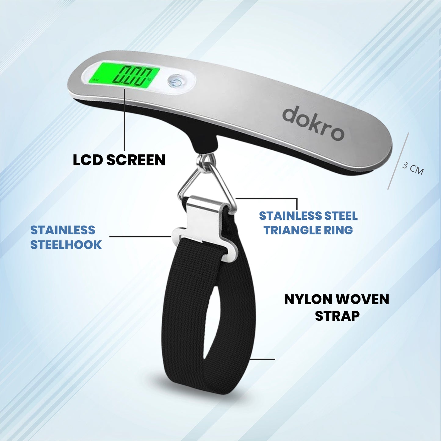 Dokro Digital Weighing Scale for Luggage, Portable Luggage Weighing Scale with Capacity upto 50 kg | Luggage Scale for Home, Travel, Flights, Bags and Baggage | Steel Body (Silver)