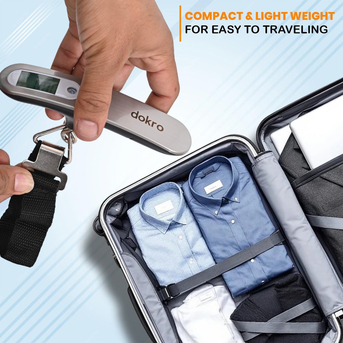 Dokro Digital Weighing Scale for Luggage, Portable Luggage Weighing Scale with Capacity upto 50 kg | Luggage Scale for Home, Travel, Flights, Bags and Baggage | Steel Body (Silver)