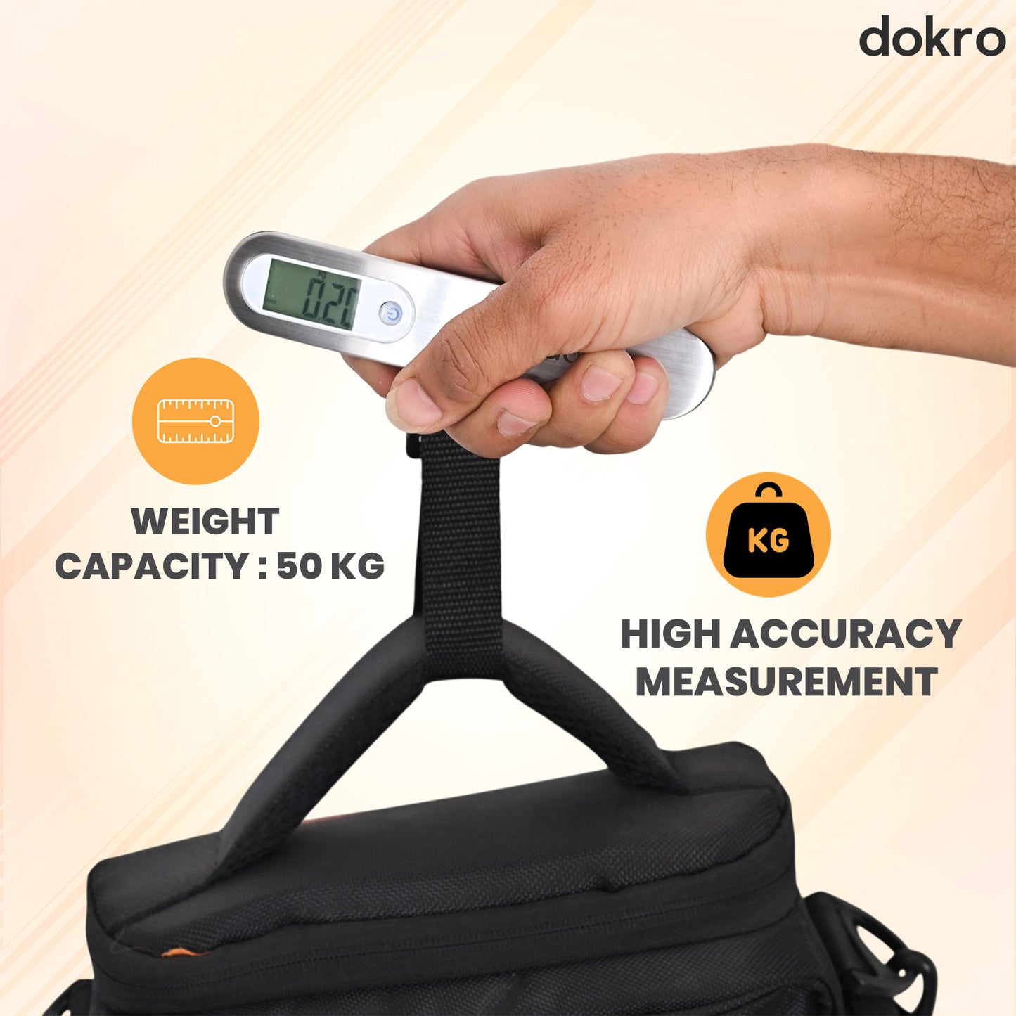 Dokro Digital Weighing Scale for Luggage, Portable Luggage Weighing Scale with Capacity upto 50 kg | Luggage Scale for Home, Travel, Flights, Bags and Baggage | Steel Body (Silver)