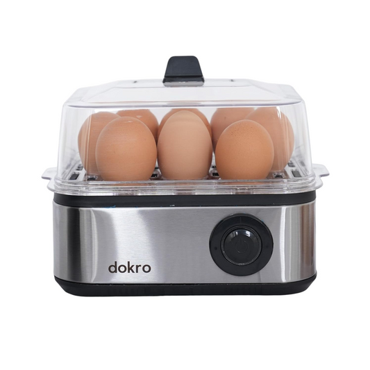 Dokro Electric 2-in-1 Egg Boiler and Poacher| Boil 8 Eggs/Poach 4 Eggs | 3 Boiling Modes (Soft, Medium, Hard) | Stainless Steel Body & Heating Plate | Automatic Shut-Off | Transparent Lid, Silver Grey