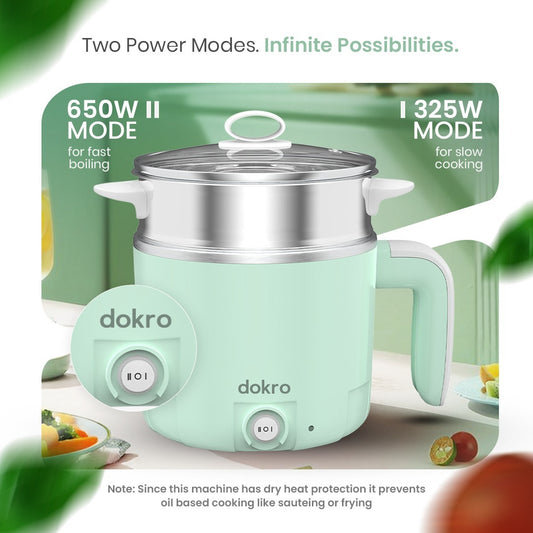 Dokro Multi-Cook Electric Kettle (1.2Liters) | Dual Power Modes 325W & 650W | Includes 7-Egg Tray & Steamer Bowl | Auto Overheat Cut-Off | Ideal for Boiling, Steaming & Quick Meals