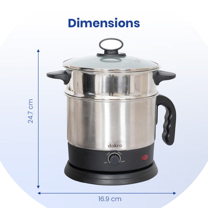Dokro Multipurpose Electric Kettle with Steamer and Idli Tray(1.5Lt.) | Fast heating with 600W Power | Automatic shut-off | 360° Swivel Base | LED Indicator