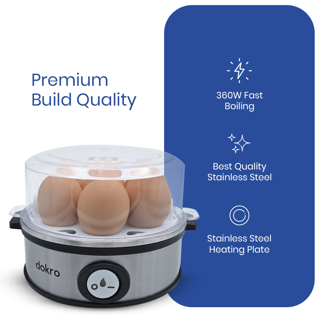 Dokro Electric Egg Boiler, Steel Body, 360-Watt,  Boils 7 Eggs, 3 Modes, Automatic Shut-Off