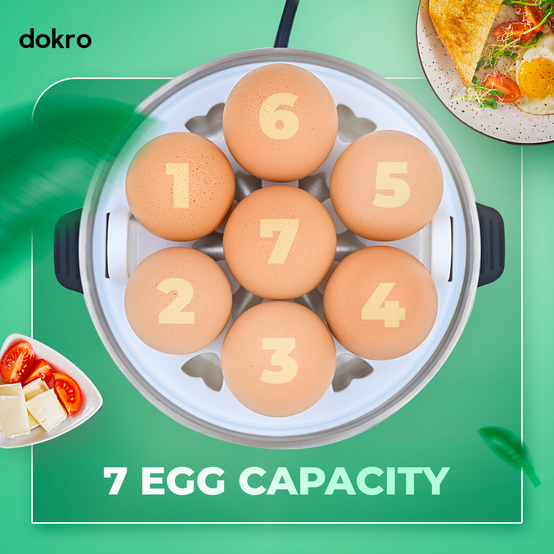 Dokro Electric Egg Boiler[NEW LAUNCH], 360-Watt | Boils up to 7 Eggs | 3 Boiling Modes (Soft, Medium, Hard) | Stainless Steel Body & Heating Plate | Automatic Shut-Off | Transparent Lid, Silver Grey
