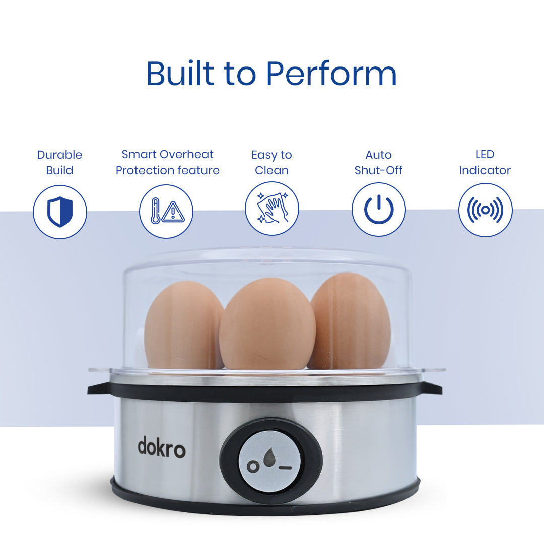 Dokro Electric Egg Boiler, Steel Body, 360-Watt,  Boils 7 Eggs, 3 Modes, Automatic Shut-Off