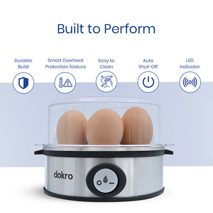 Dokro Electric Egg Boiler, Steel Body, 360-Watt,  Boils 7 Eggs, 3 Modes, Automatic Shut-Off