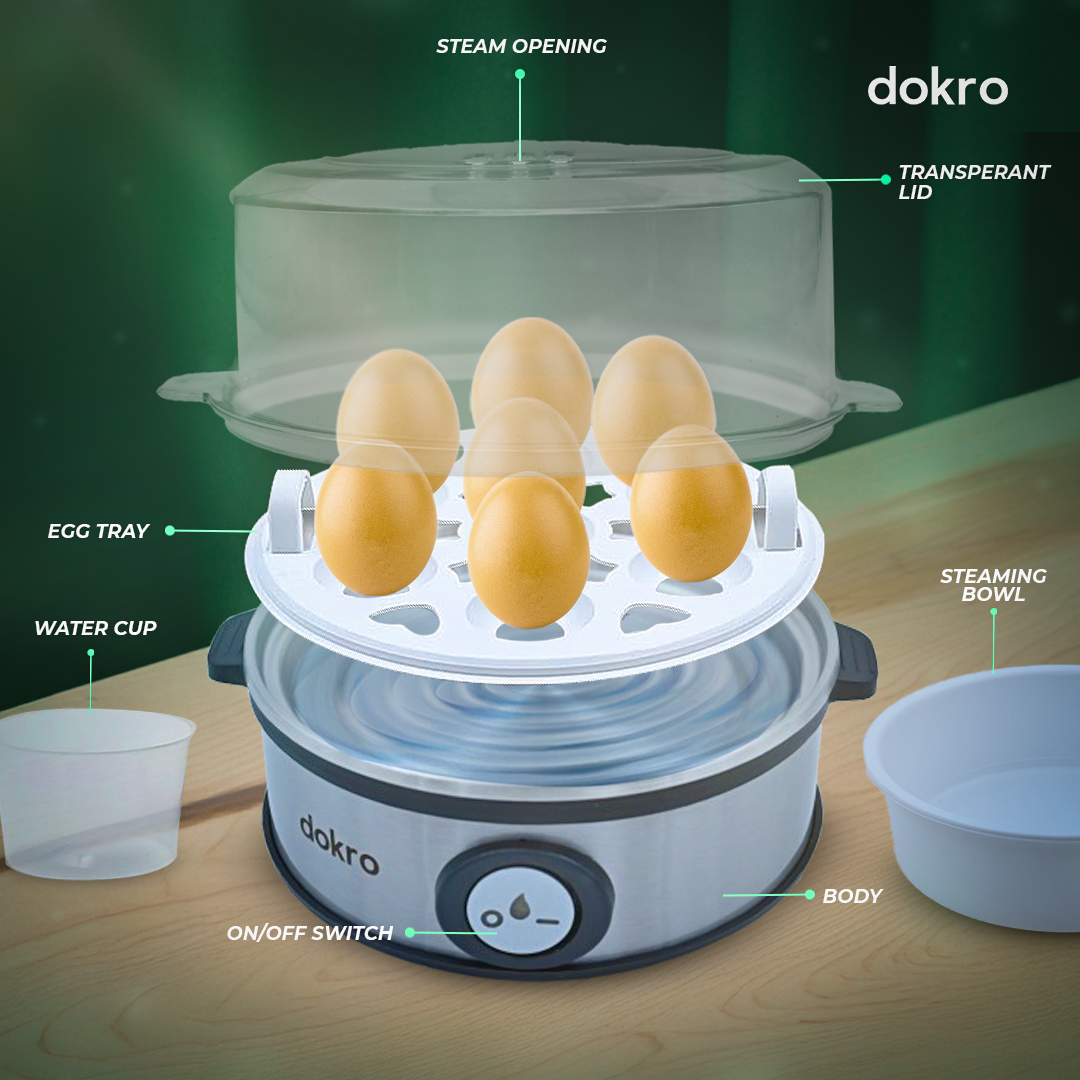Dokro Electric Egg Boiler[NEW LAUNCH], 360-Watt | Boils up to 7 Eggs | 3 Boiling Modes (Soft, Medium, Hard) | Stainless Steel Body & Heating Plate | Automatic Shut-Off | Transparent Lid, Silver Grey