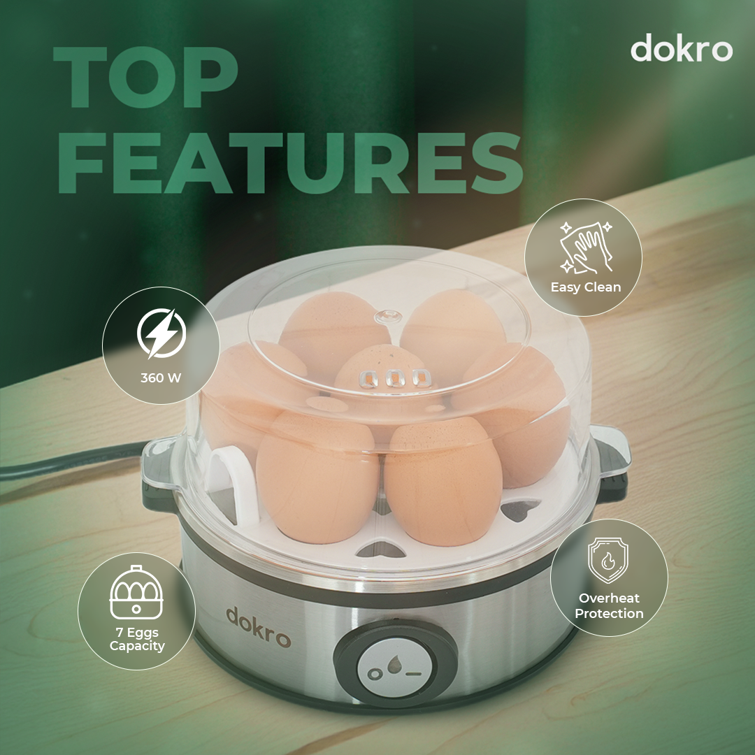 Dokro Electric Egg Boiler[NEW LAUNCH], 360-Watt | Boils up to 7 Eggs | 3 Boiling Modes (Soft, Medium, Hard) | Stainless Steel Body & Heating Plate | Automatic Shut-Off | Transparent Lid, Silver Grey