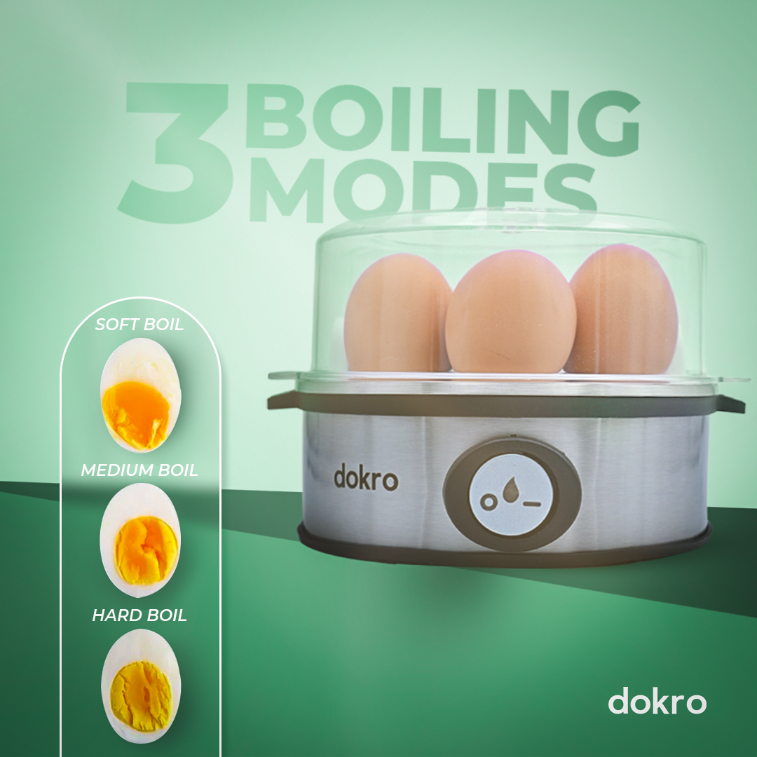 Dokro Electric Egg Boiler[NEW LAUNCH], 360-Watt | Boils up to 7 Eggs | 3 Boiling Modes (Soft, Medium, Hard) | Stainless Steel Body & Heating Plate | Automatic Shut-Off | Transparent Lid, Silver Grey
