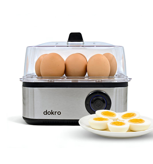 Dokro Electric 2-in-1 Egg Boiler and Poacher| Boil 8 Eggs/Poach 4 Eggs | 3 Boiling Modes (Soft, Medium, Hard) | Stainless Steel Body & Heating Plate | Automatic Shut-Off | Transparent Lid, Silver Grey