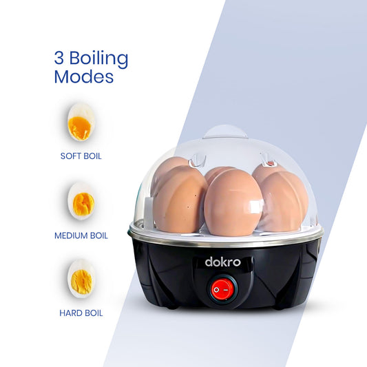 Dokro Electric Instant Egg Boiler | 3 Boiling Modes (Soft, Medium, Hard) | Automatic Operation | Overheat Protection| 75ml | Plastic| Black | Includes measuring cup