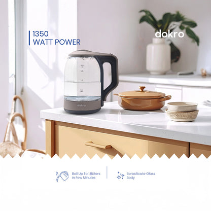 Dokro 1.8L Electric Glass Kettle(1350W), 100% Borosilicate Glass Body, Locking Lid, Auto Shut-Off