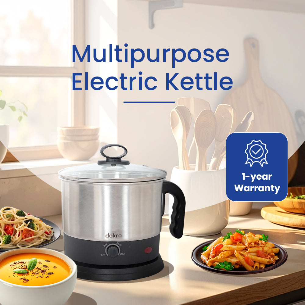 Dokro Electric Multipurpose Kettle (1.5 Litres), 600W, Stainless Steel body with Automatic Shut-off