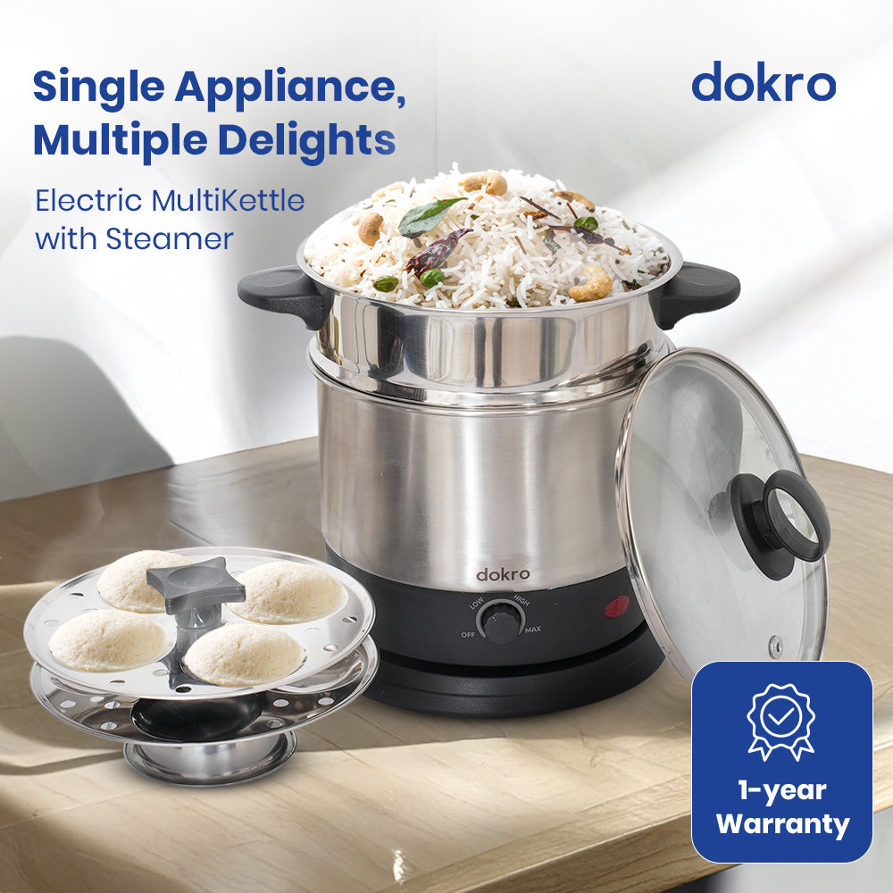 Dokro Multipurpose Electric Kettle with Steamer and Idli Tray(1.5Lt.) | Fast heating with 600W Power | Automatic shut-off | 360° Swivel Base | LED Indicator